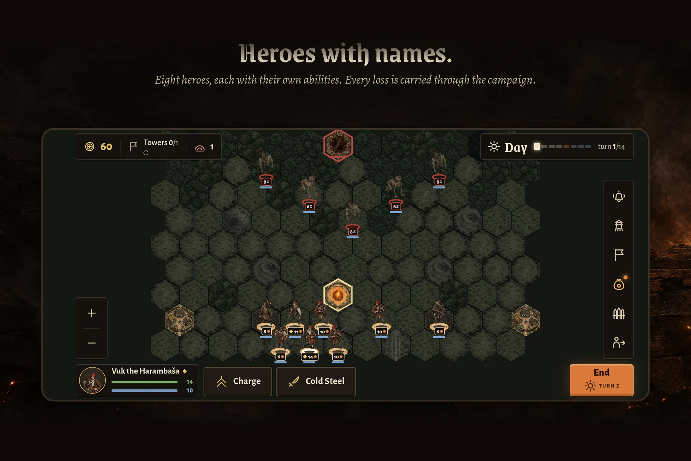 Bedem — named heroes and companies on the hex map by day