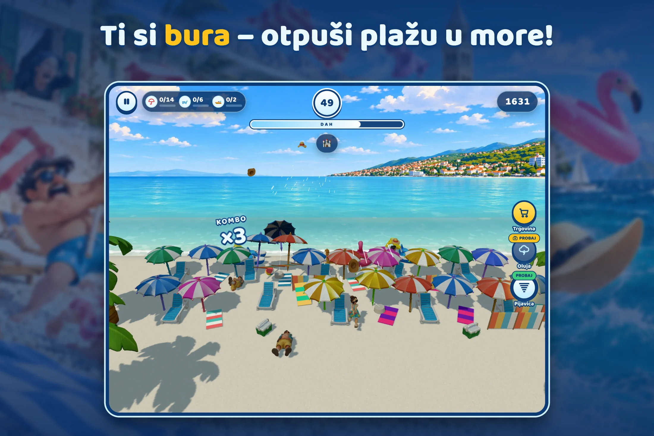 Bura — udar vjetra na plaži u Selcu, kombo ×3