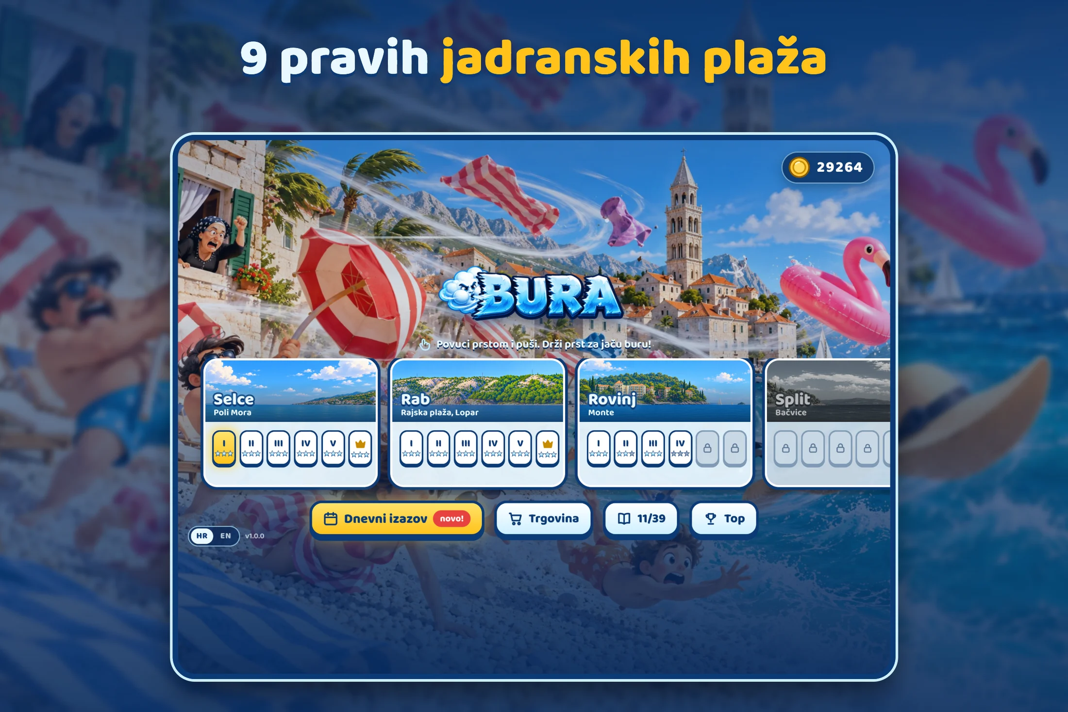 Bura — izbornik s 9 pravih jadranskih plaža i razinama