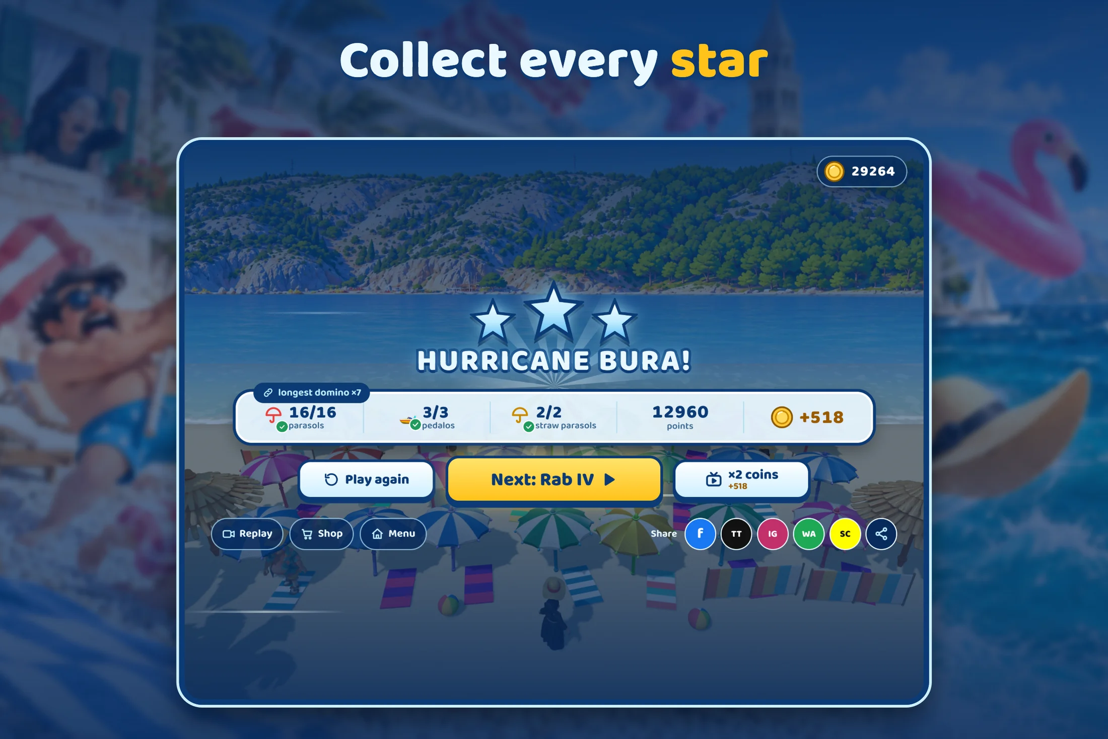 Bura — level complete, three stars and a hurricane Bura