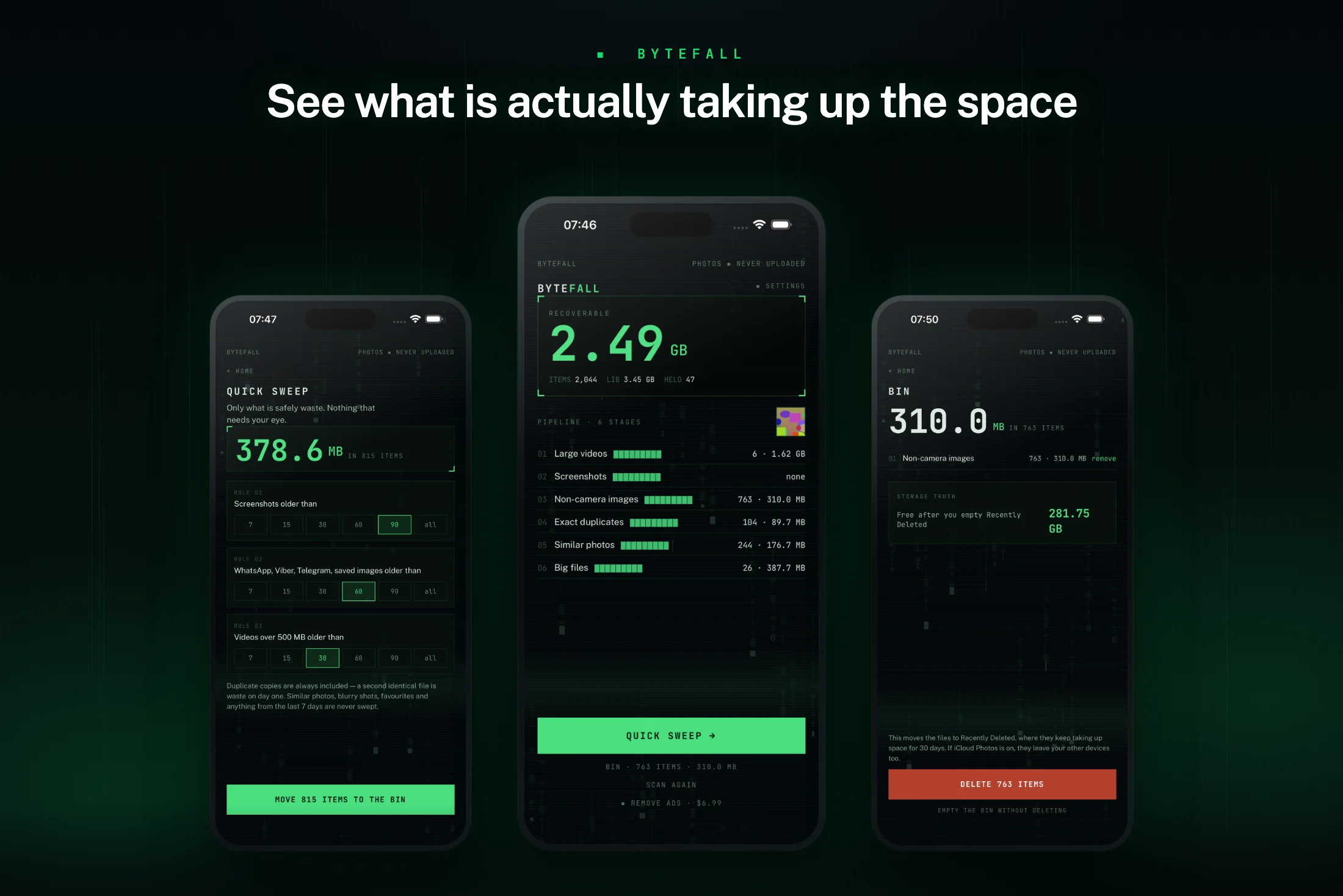 Bytefall — aplikacija za čišćenje galerije, duplikati, snimke zaslona i veliki videi (Android i iOS)