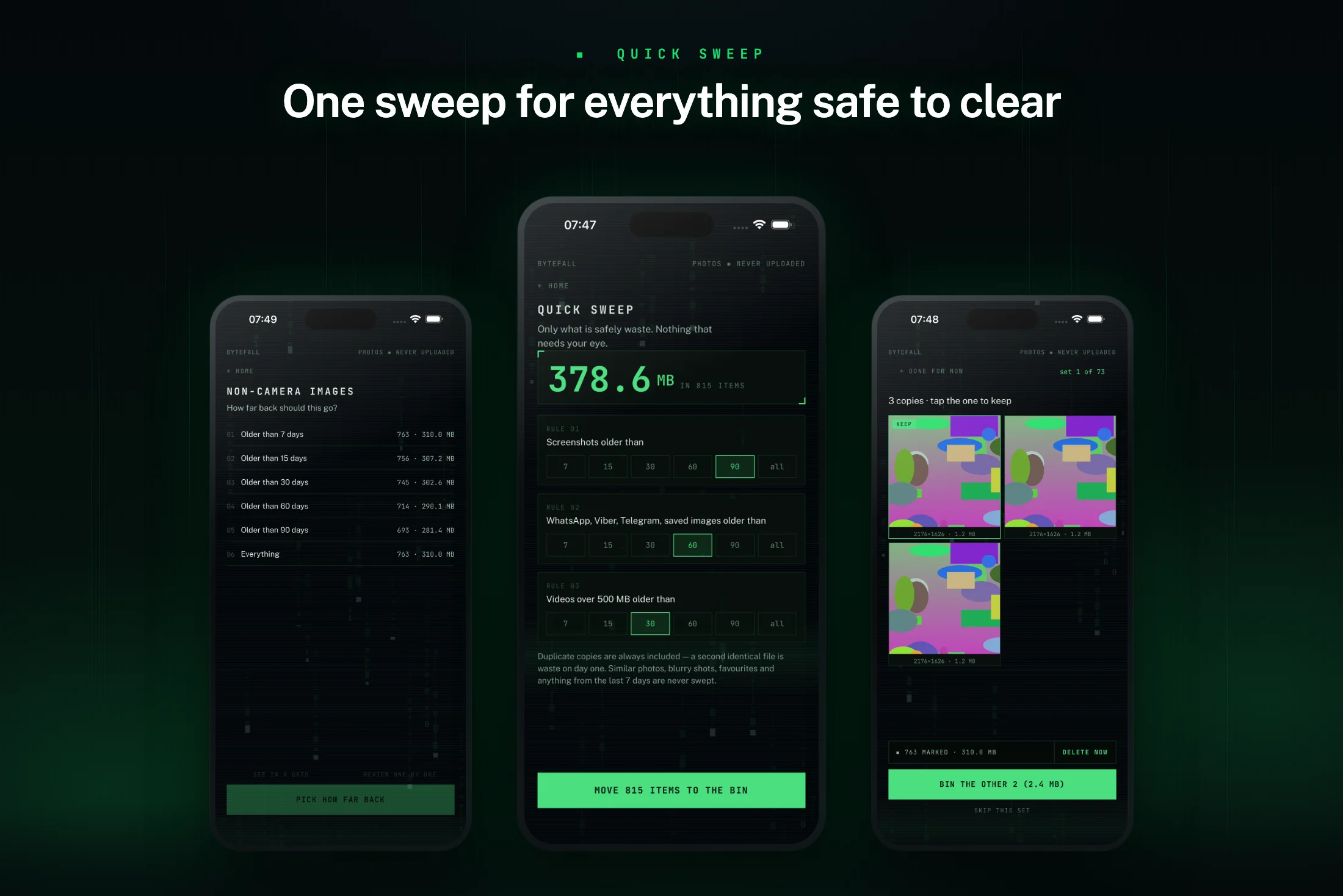 Bytefall Quick Sweep — pravila po starosti za snimke zaslona, slike iz poruka i velike videe