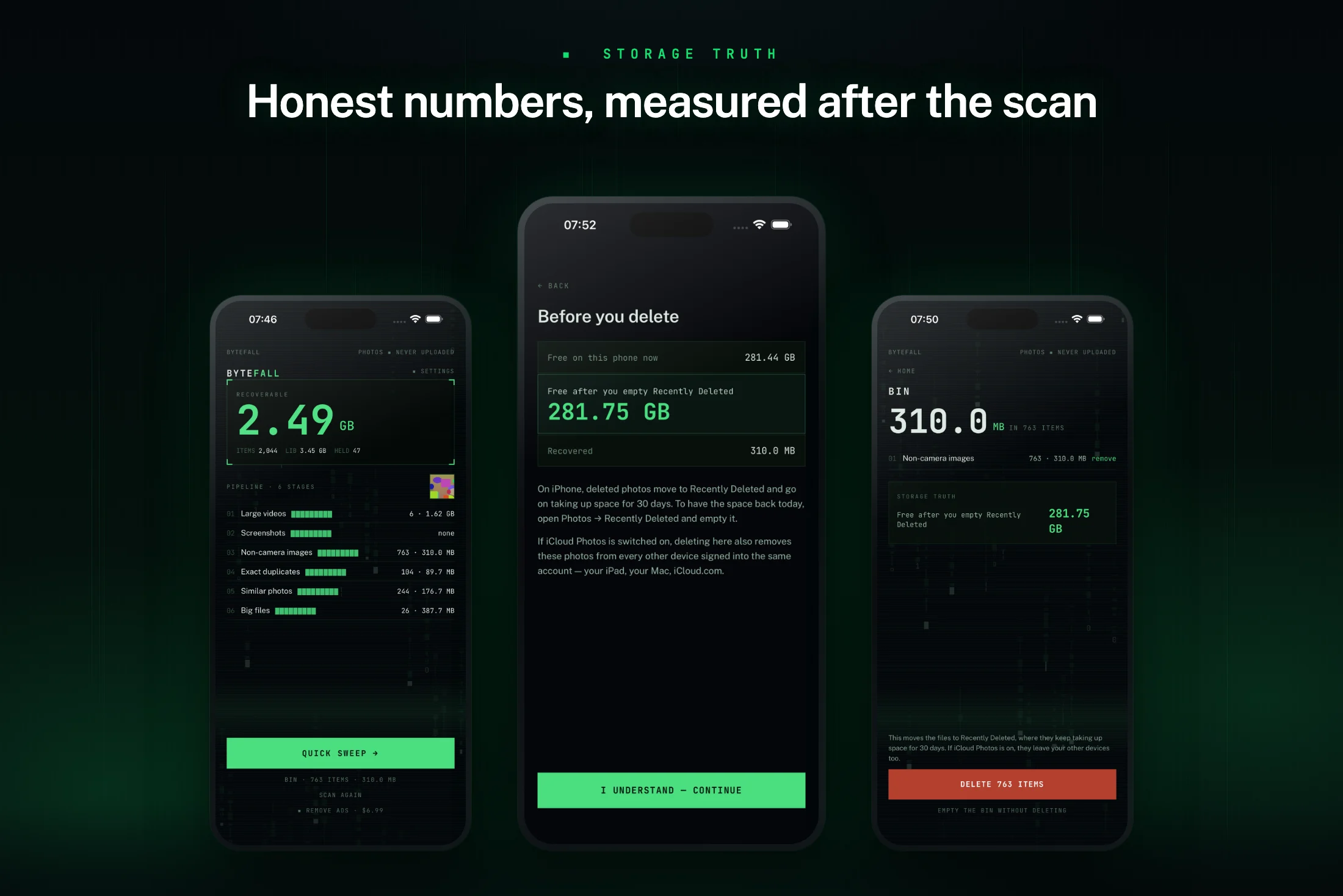 Bytefall Storage Truth — slobodan prostor sada i nakon brisanja, izmjeren na uređaju