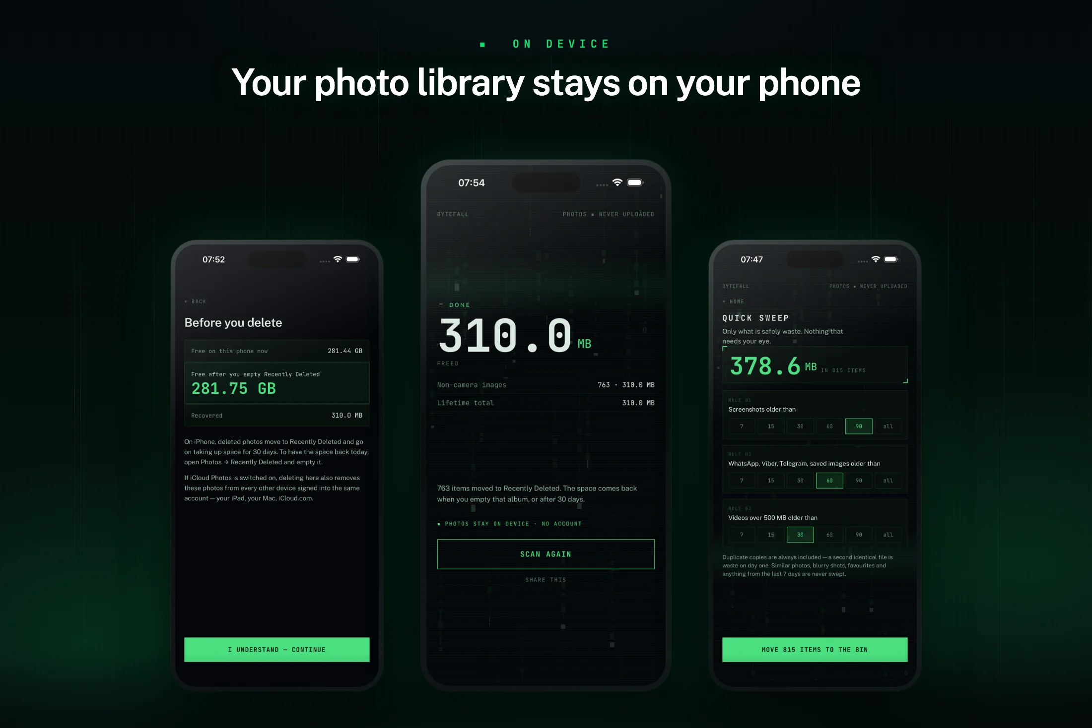 Bytefall — 310 MB oslobođeno nakon brisanja, fotografije ostaju na uređaju bez računa