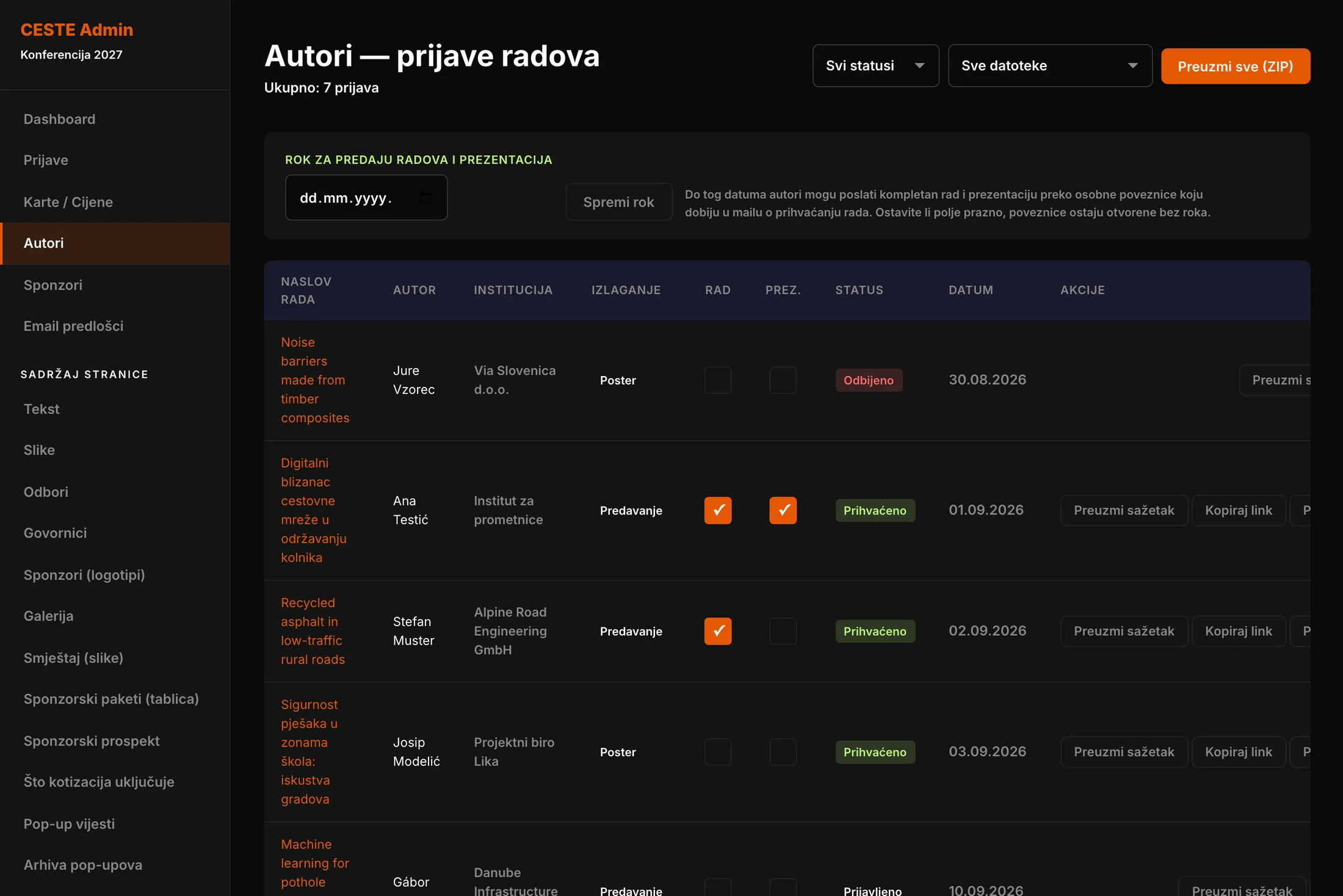 Administracija: prijave radova autora s kvačicama predanih radova
