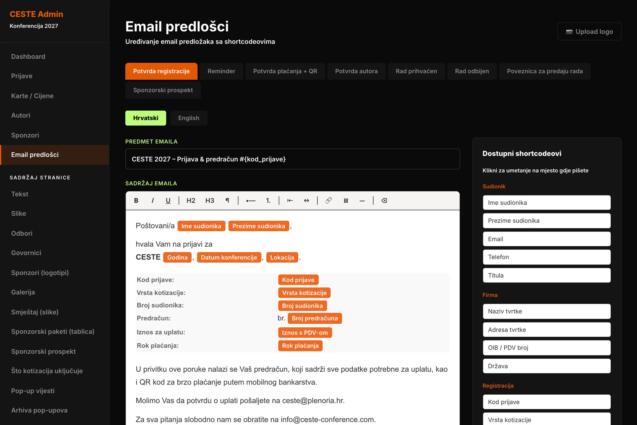 Administracija: uređivač email predložaka s oznakama podataka