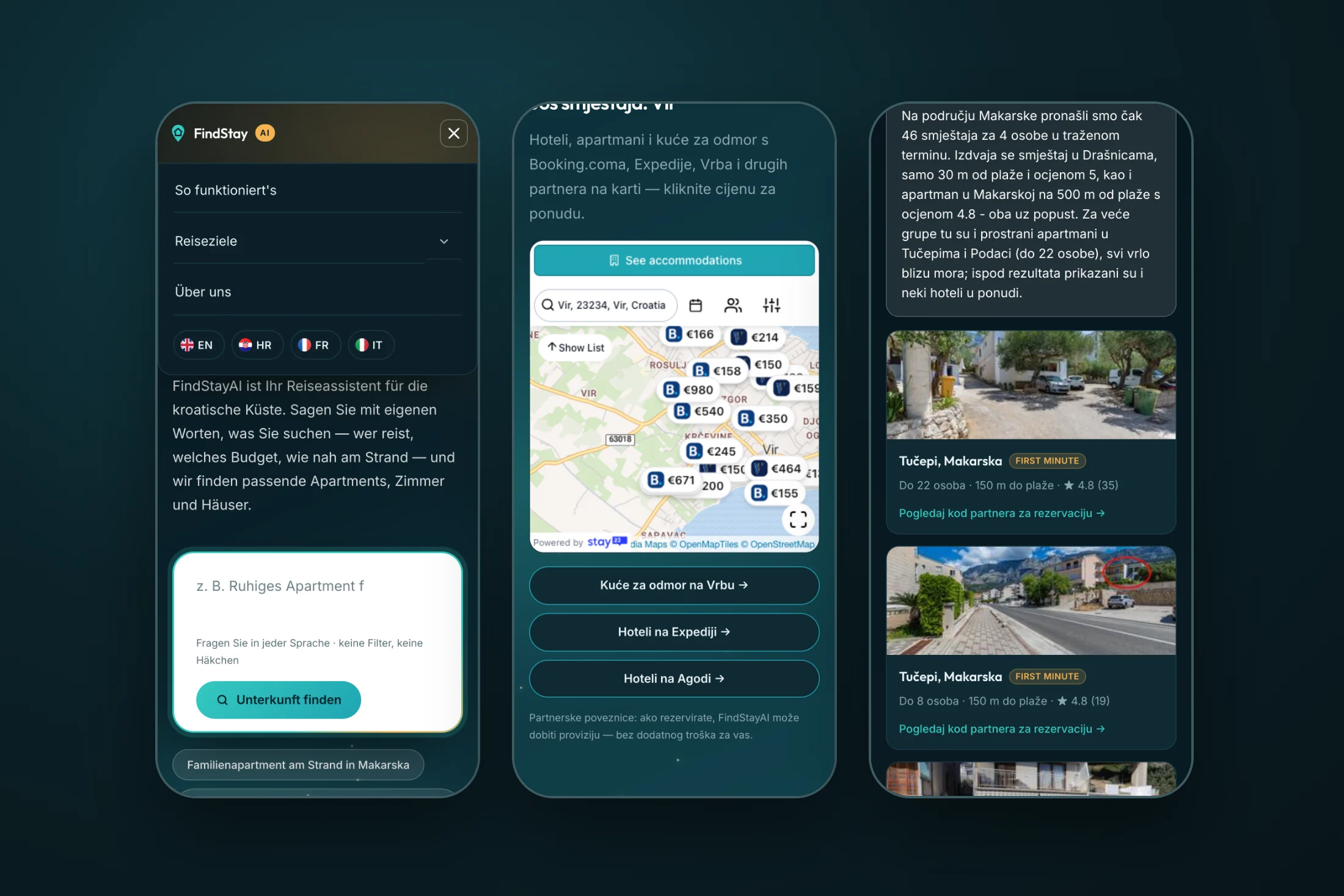 Mobilni izbornik na njemačkom, Stay22 karta i rezultati na hrvatskom