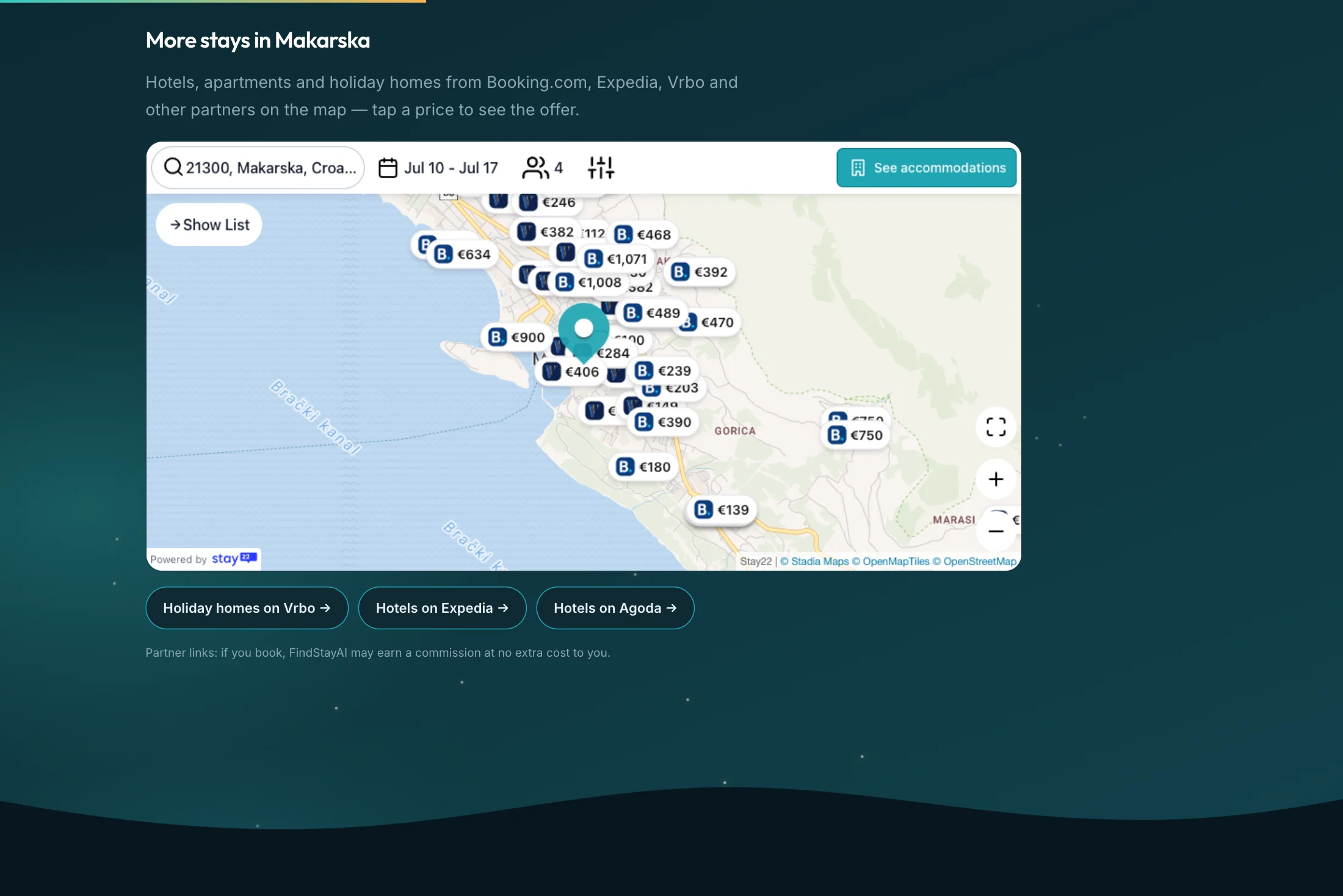 Stay22 karta s ponudama Booking.coma, Expedije i Vrba u Makarskoj