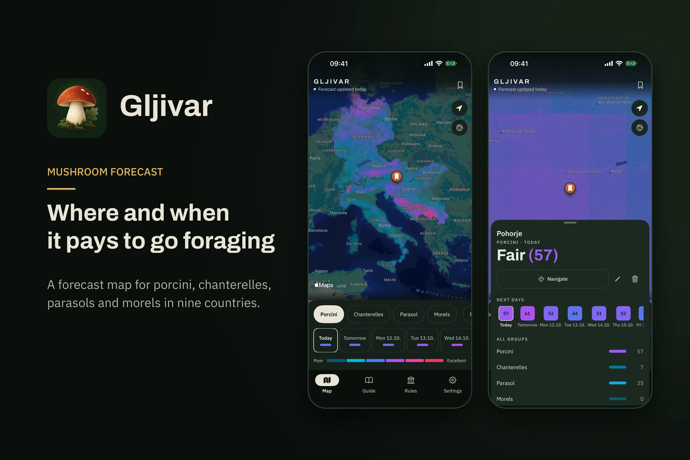 Gljivar — a mushroom forecast app and foraging guide