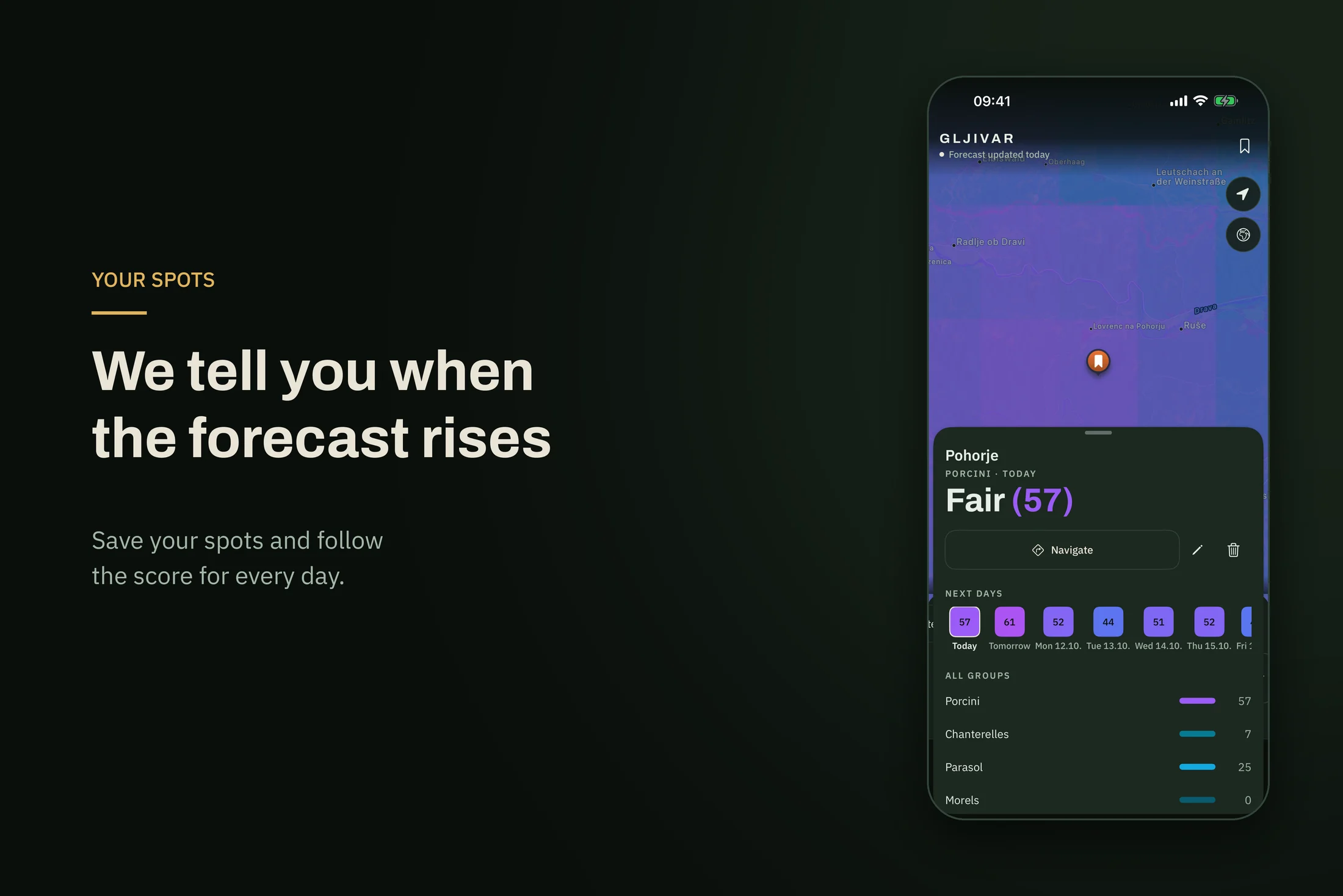 Gljivar — a saved spot with a score for the next eight days