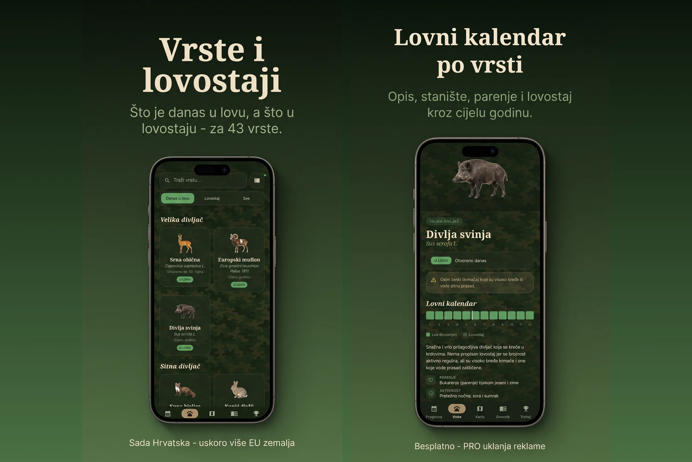 Hunterly — game-species database with closed seasons and a per-species hunting calendar
