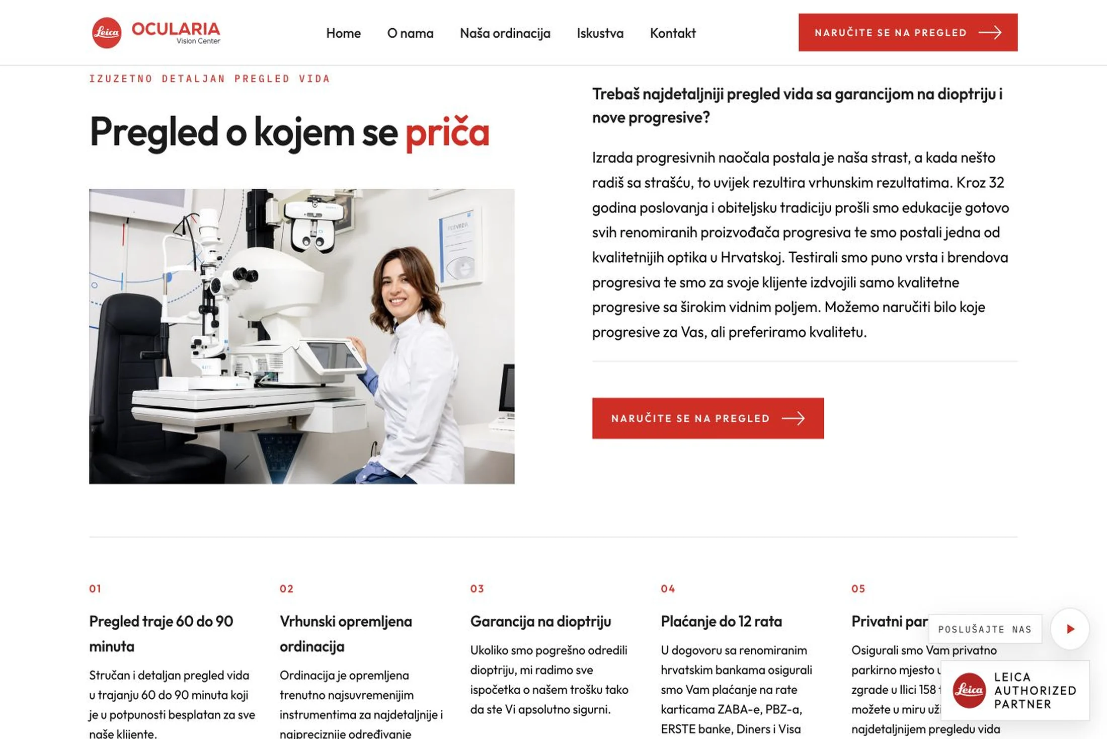 Ocularia Vision Center — the eye examination section with a photo of the optometrist and the reasons for a detailed exam