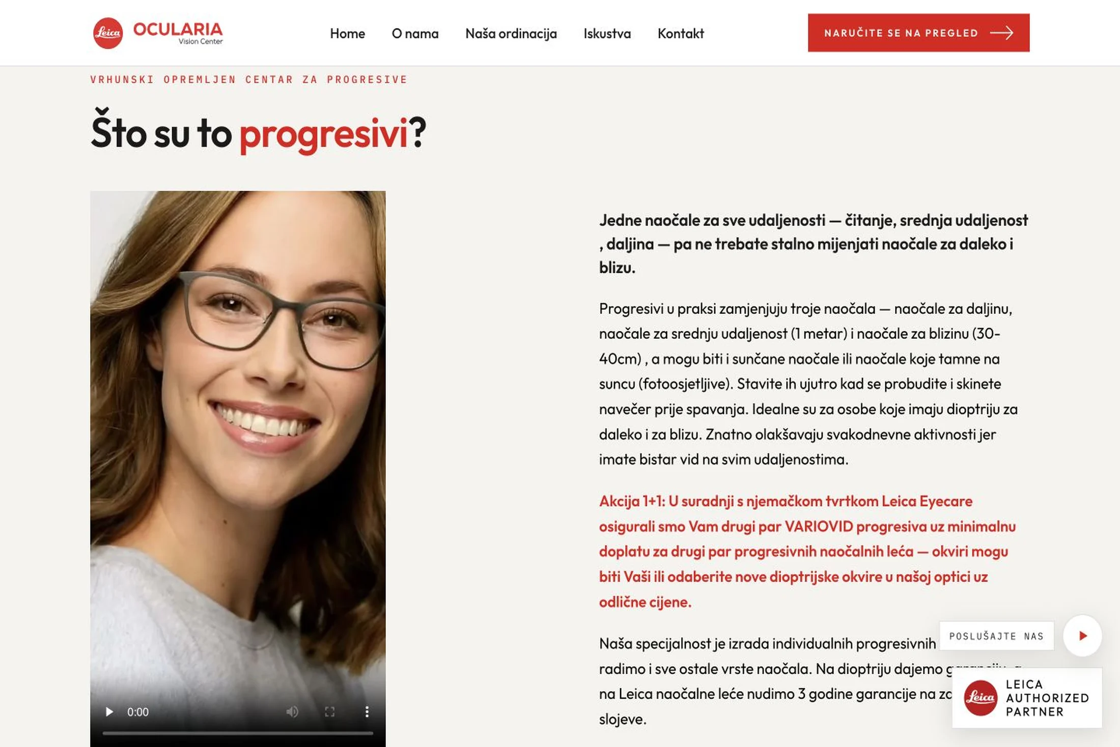Ocularia Vision Center — the What are progressives section explaining progressive lenses and the 1+1 offer