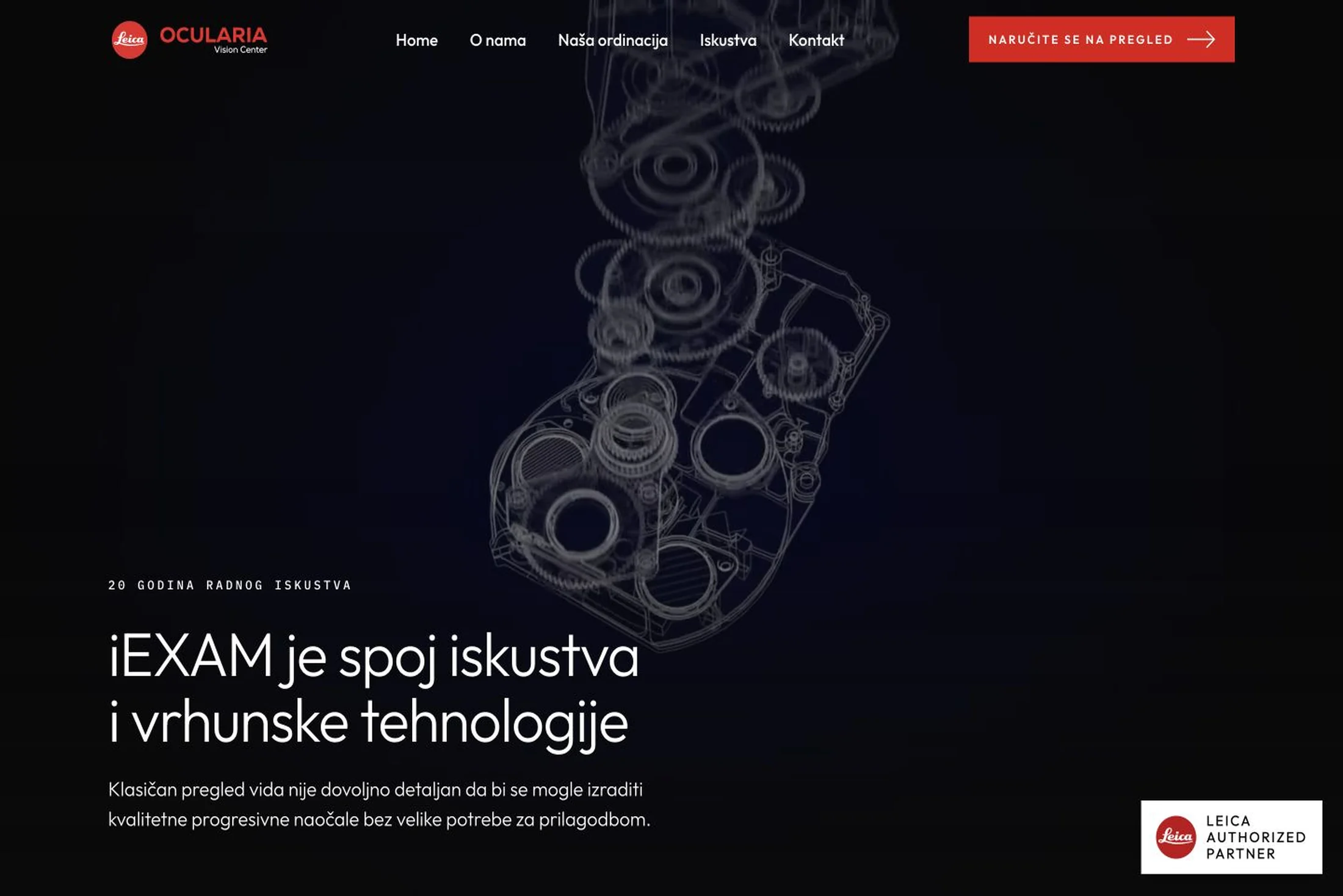 Ocularia Vision Center — the dark iEXAM section of the Our Practice page with a technical drawing of the instrument