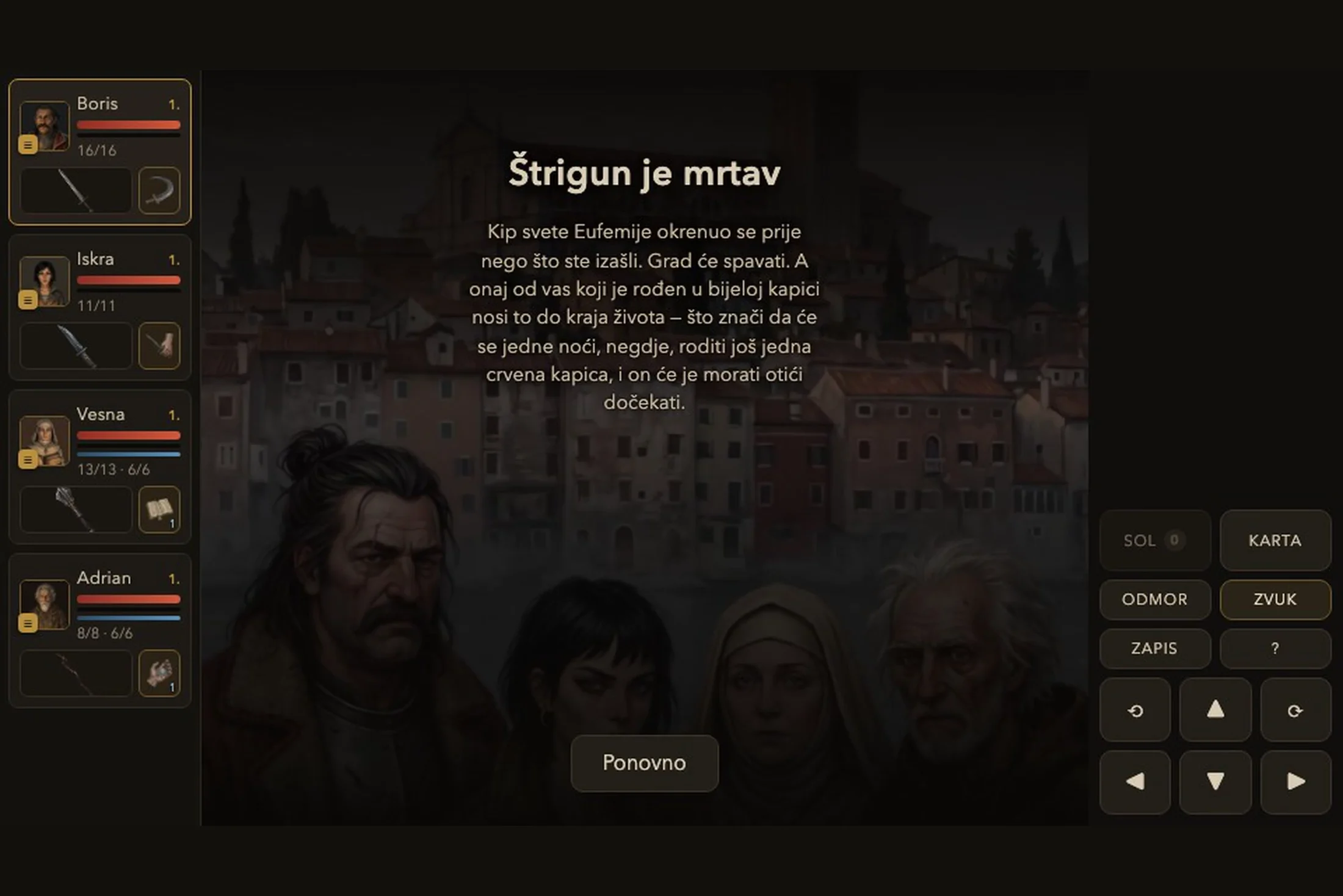 Ponor — završni zaslon s četvero likova nad panoramom Rovinja