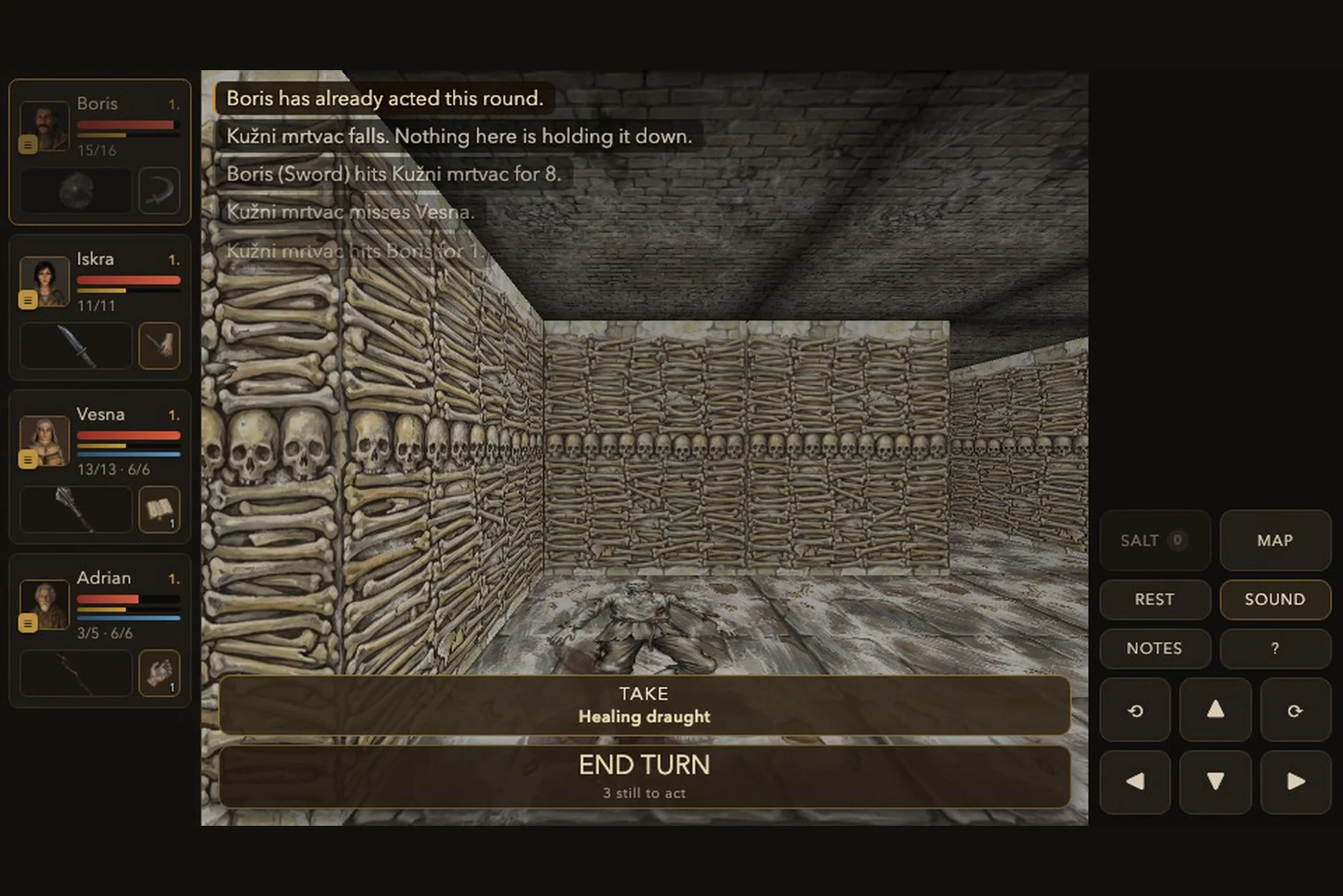 Ponor — a plague corpse in the ossuary, turn-based combat in the dungeon beneath Rovinj