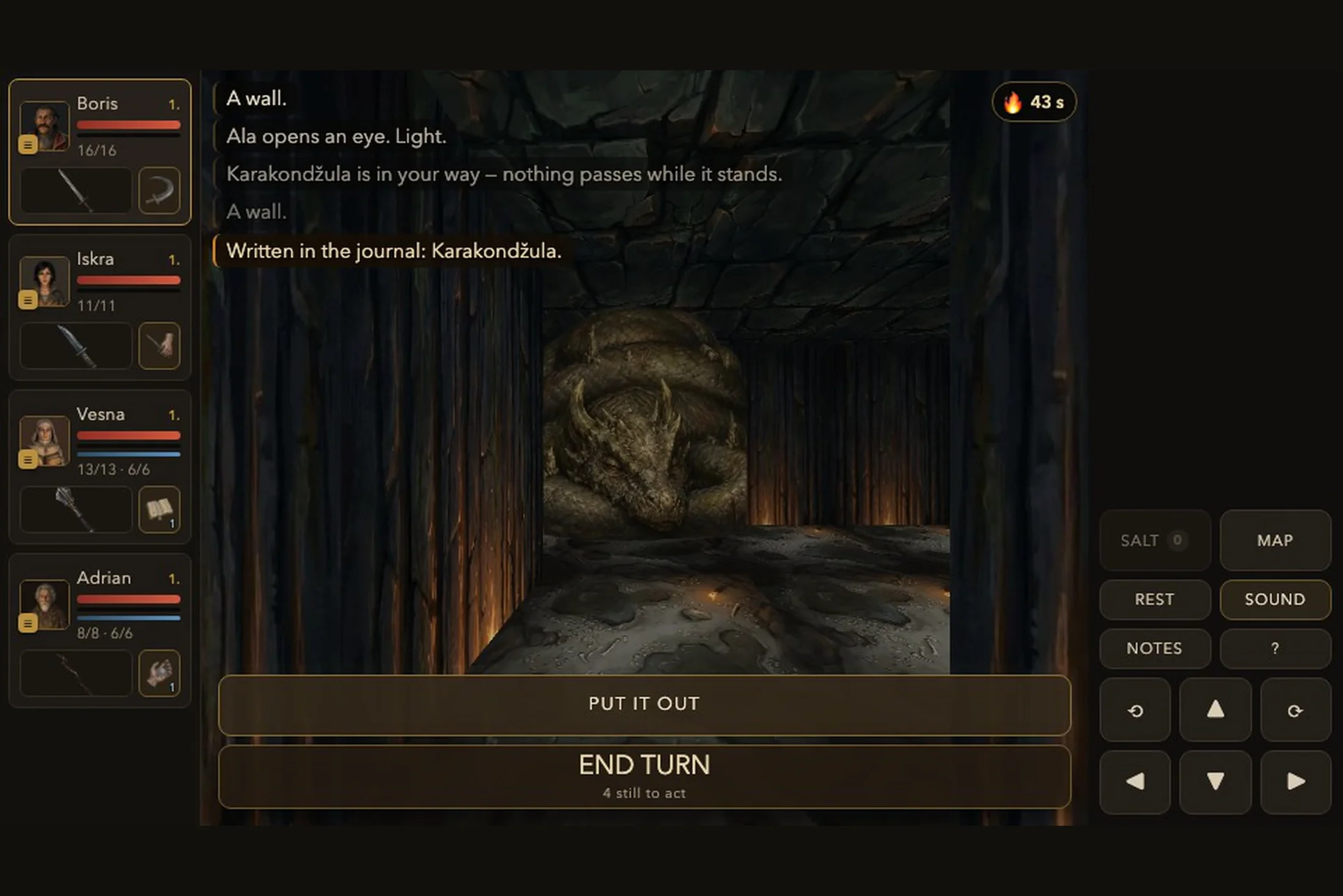 Ponor — a karakondžula in a dark corridor with the torch put out