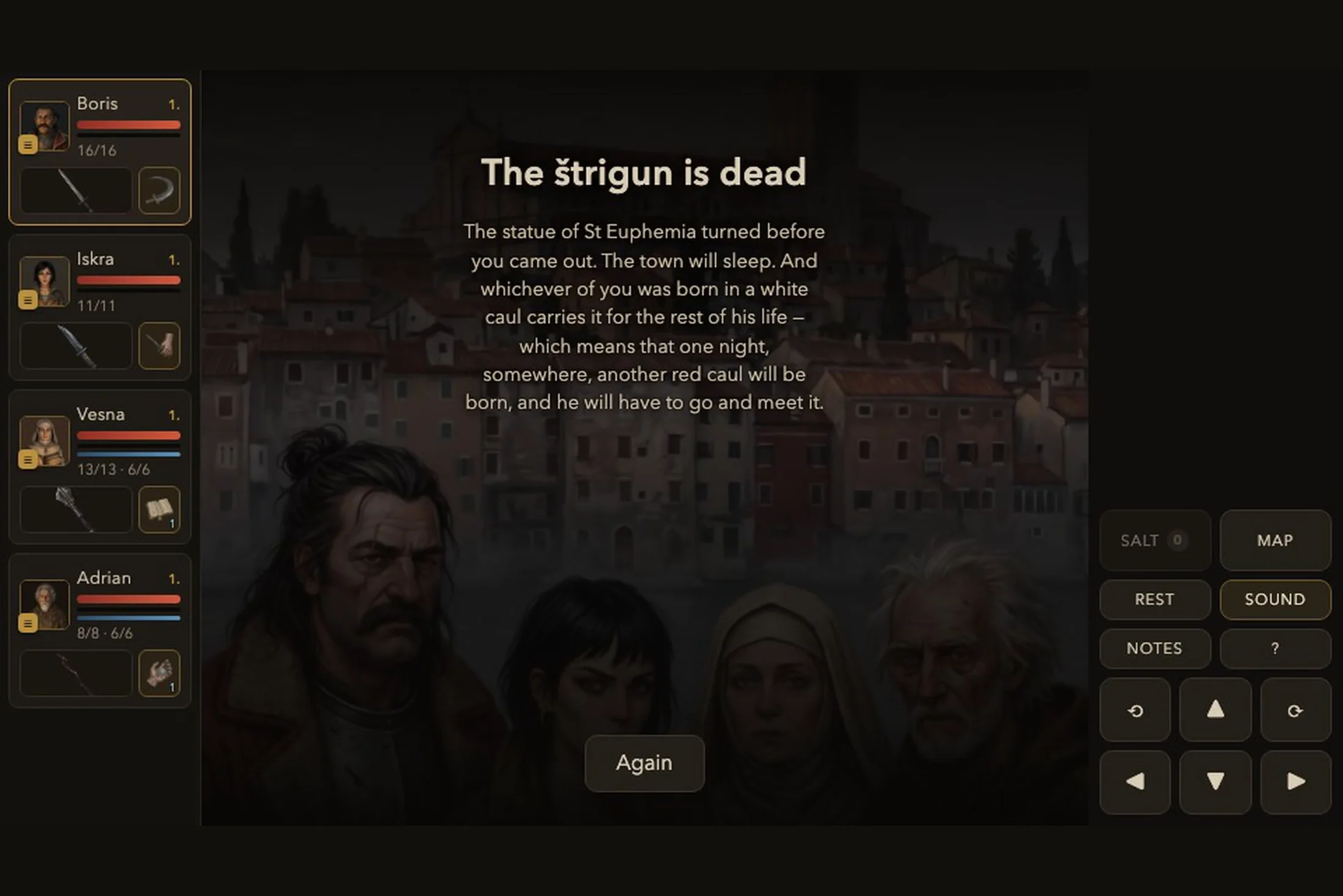 Ponor — the ending screen with the four characters above the Rovinj skyline