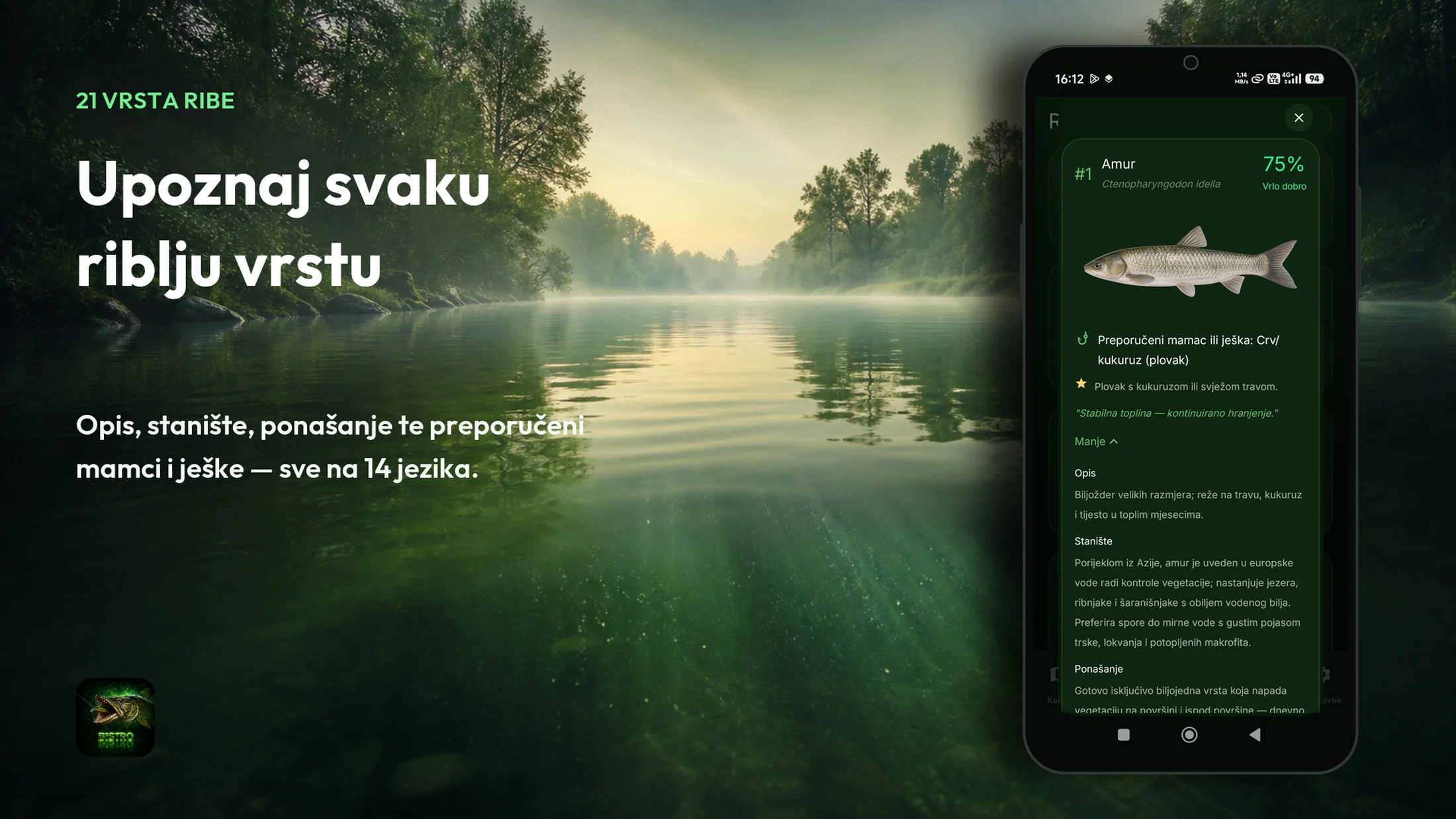 Tisch Fishing Bistro — detaljna kartica riblje vrste s opisom, staništem i preporučenim mamcima