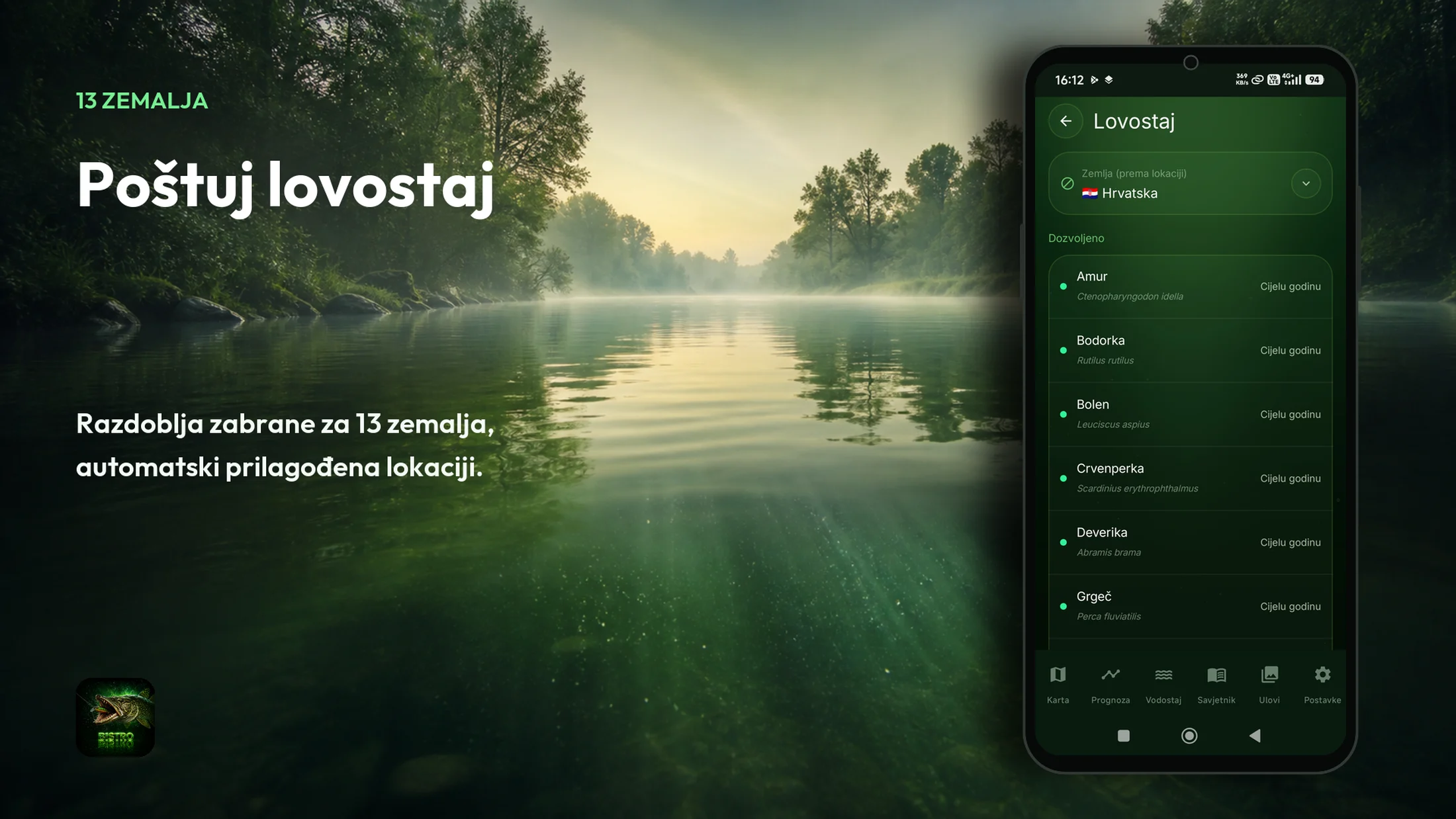 Tisch Fishing Bistro — lovostaj i razdoblja zabrane ribolova za trinaest zemalja