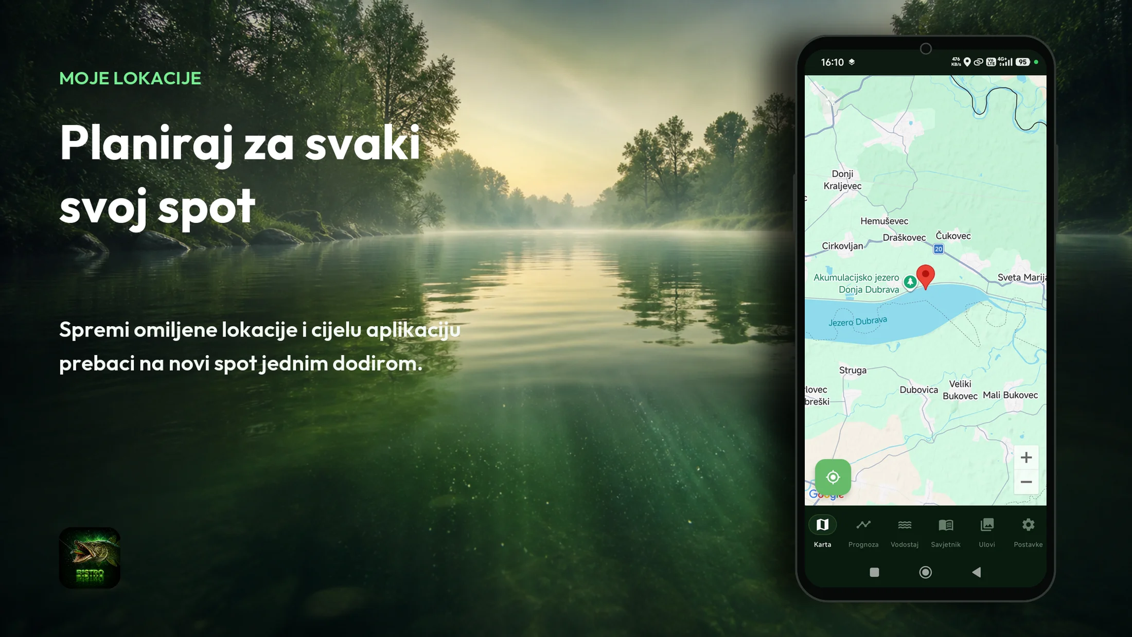 Tisch Fishing Bistro — karta s omiljenim ribolovnim lokacijama spremljenima u Moje lokacije