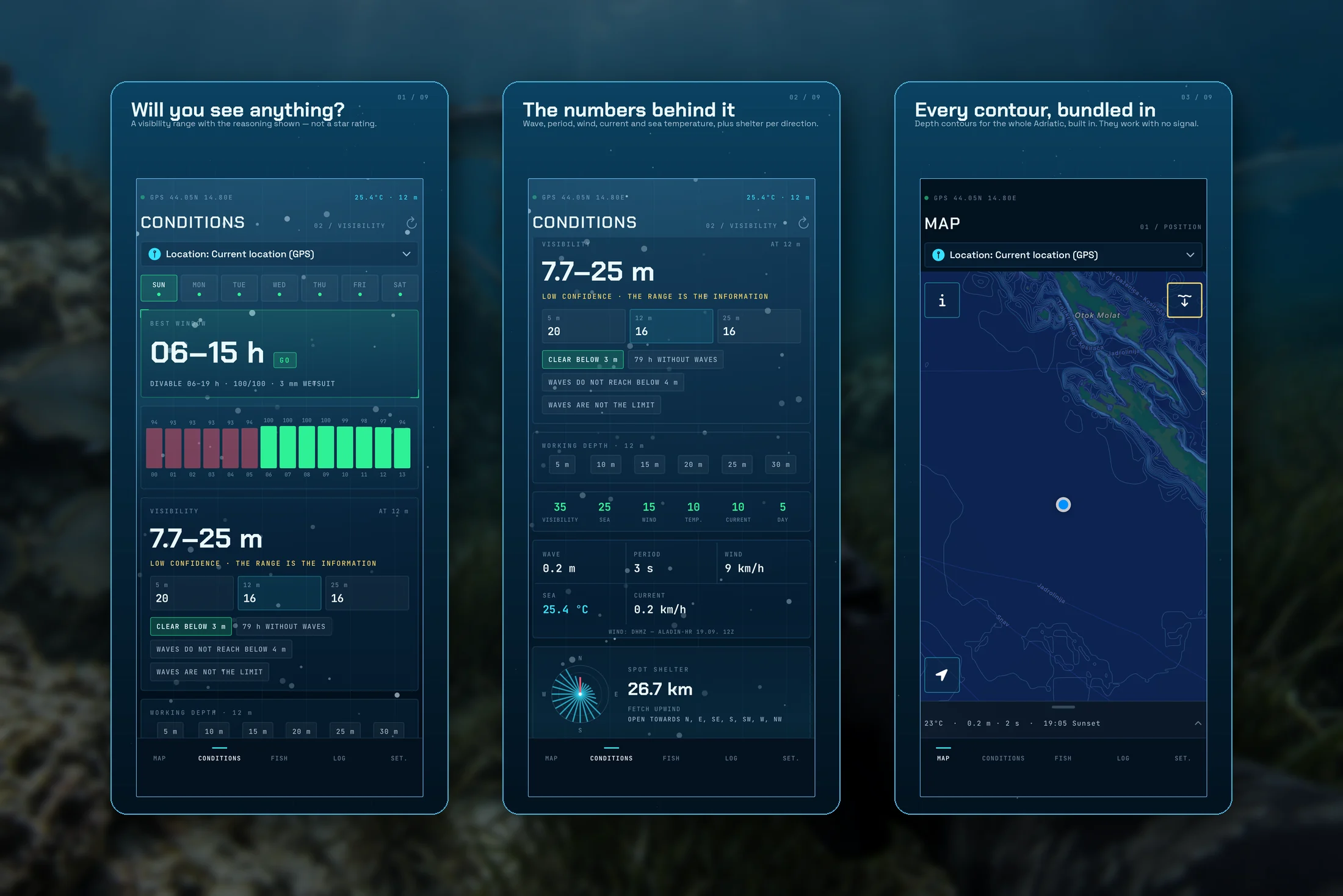 Tisch Spearfishing — a spearfishing app with visibility estimates and Adriatic depth contours