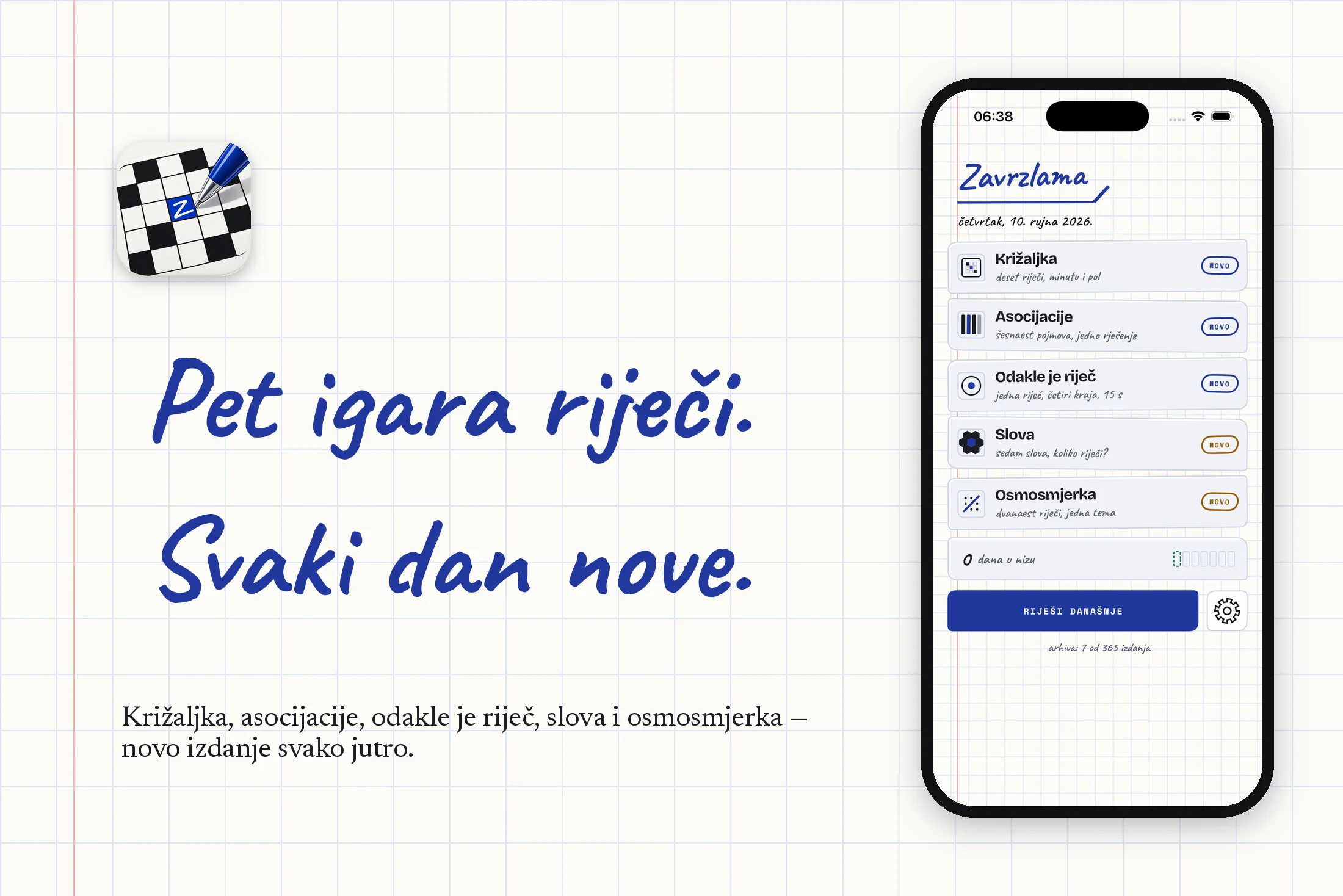 Zavrzlama — hrvatska dnevna igra riječi, pet igara u jednoj aplikaciji (Android i iOS)