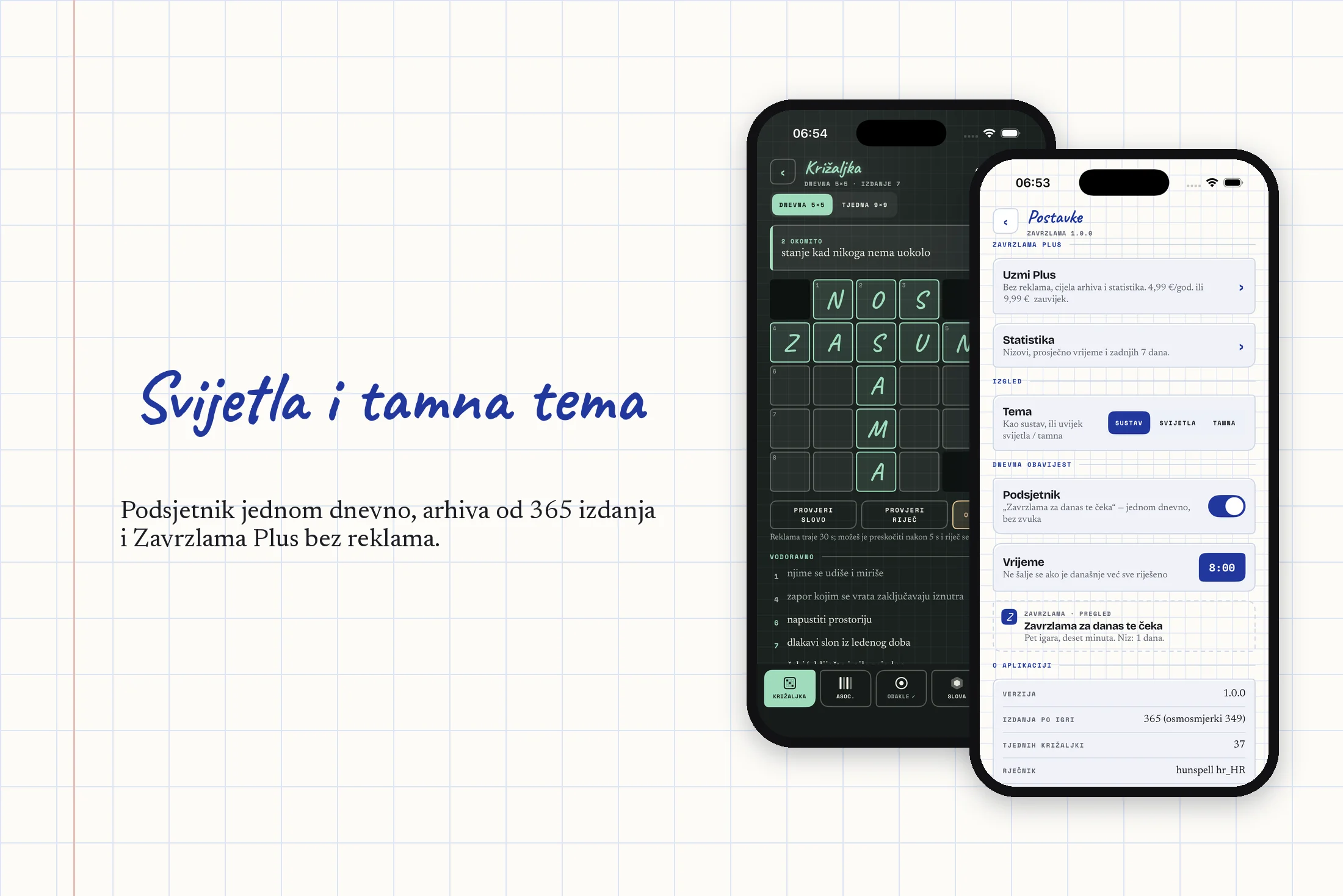 Zavrzlama — tamna tema križaljke i postavke s podsjetnikom i Zavrzlama Plusom